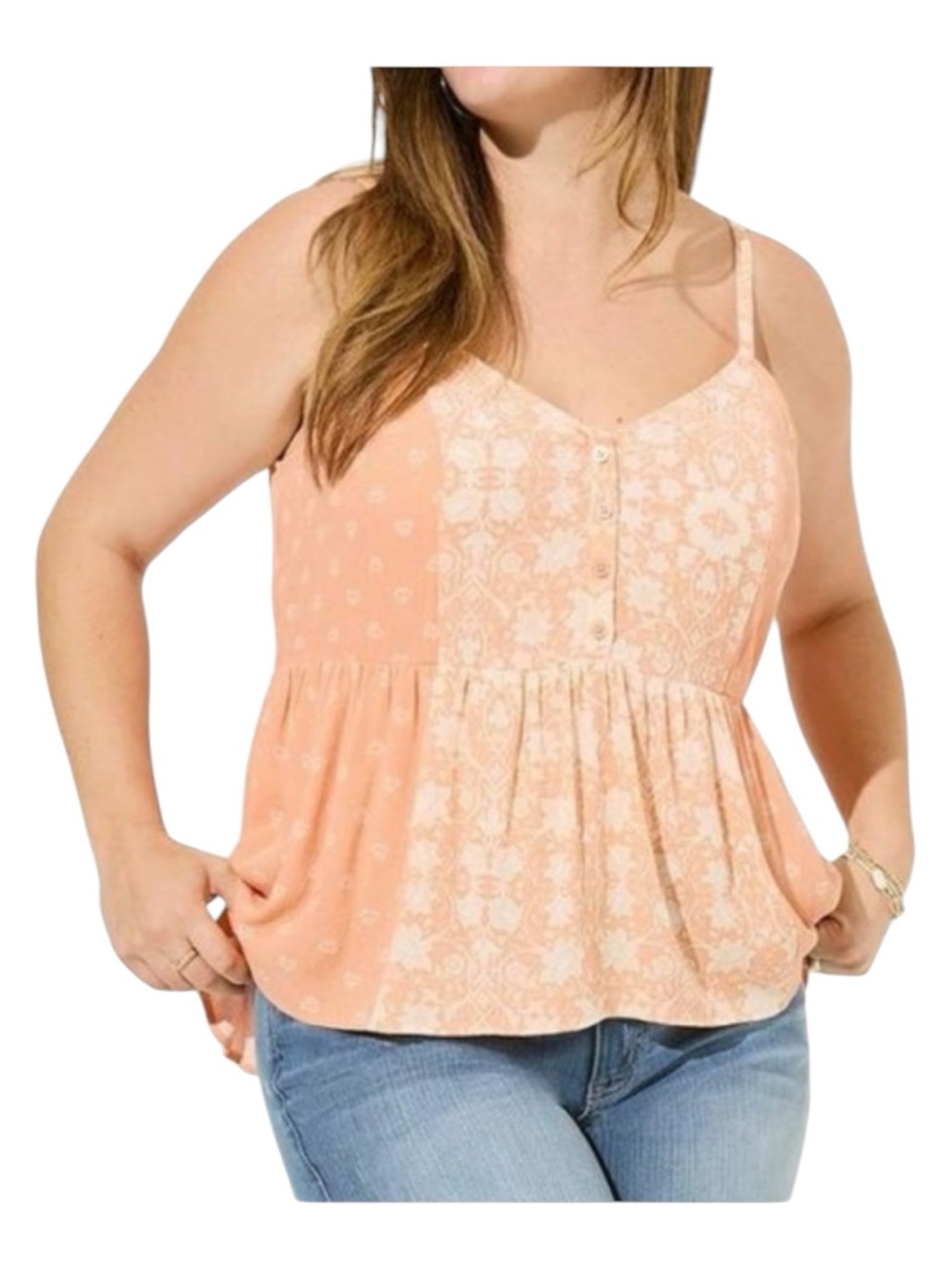 Torrid Size 1 1X 14-16 Peach Printed Spaghetti-Strap Peplum Cami